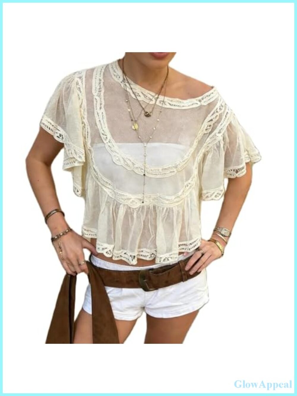 Y2K Lace Mesh Crop Blouse Ruffle Sleeve Babydoll Shirt Going Out Top